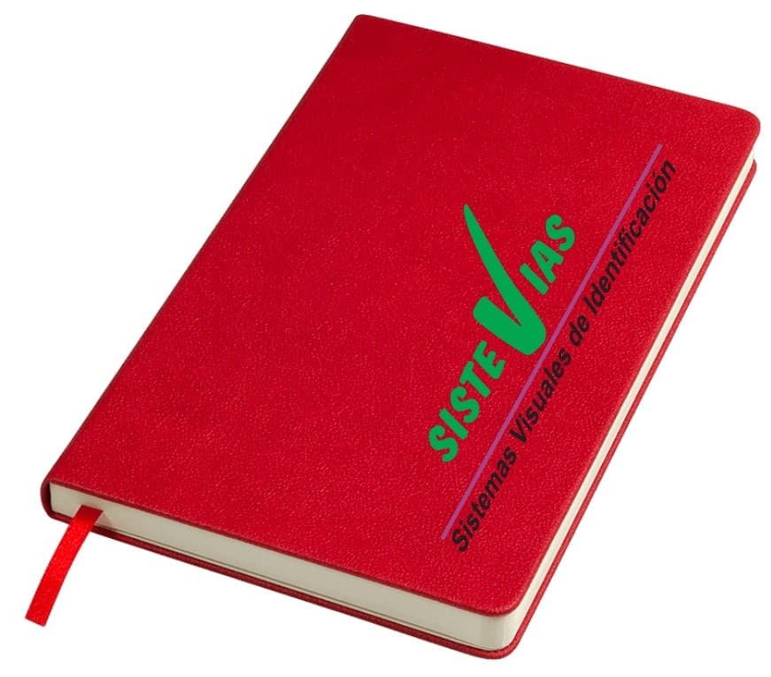 Agenda roja con el logo de Sistevias marcado en la portada